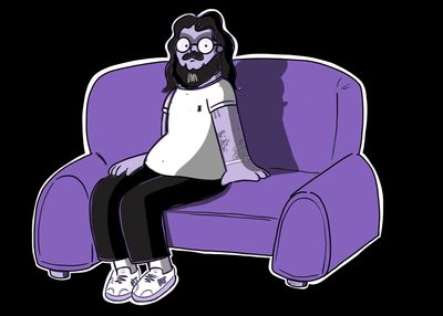 Duncs on a purple couch